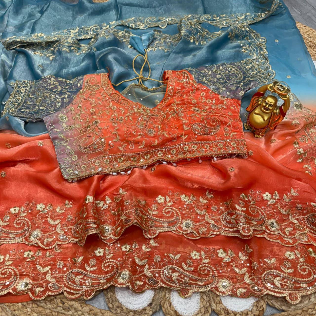 Designer dual tone Space Silk saree with heavy original zari embroidery and stitched blouse