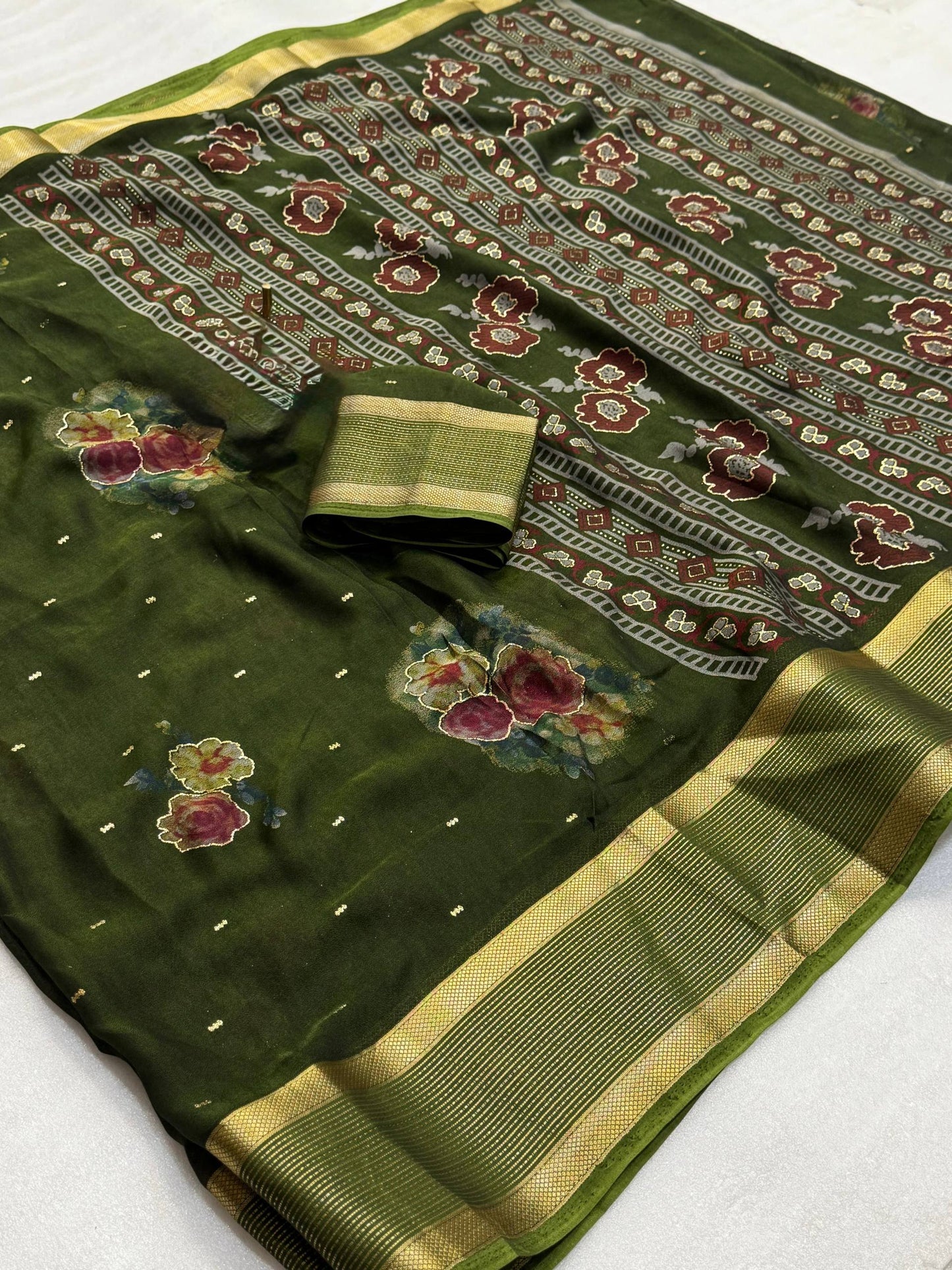 Pure Rangoli Silk Saree with Floral Prints, Glitter Butti & Golden Weaving Border with Blouse