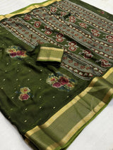 Pure Rangoli Silk Saree with Floral Prints, Glitter Butti & Golden Weaving Border with Blouse
