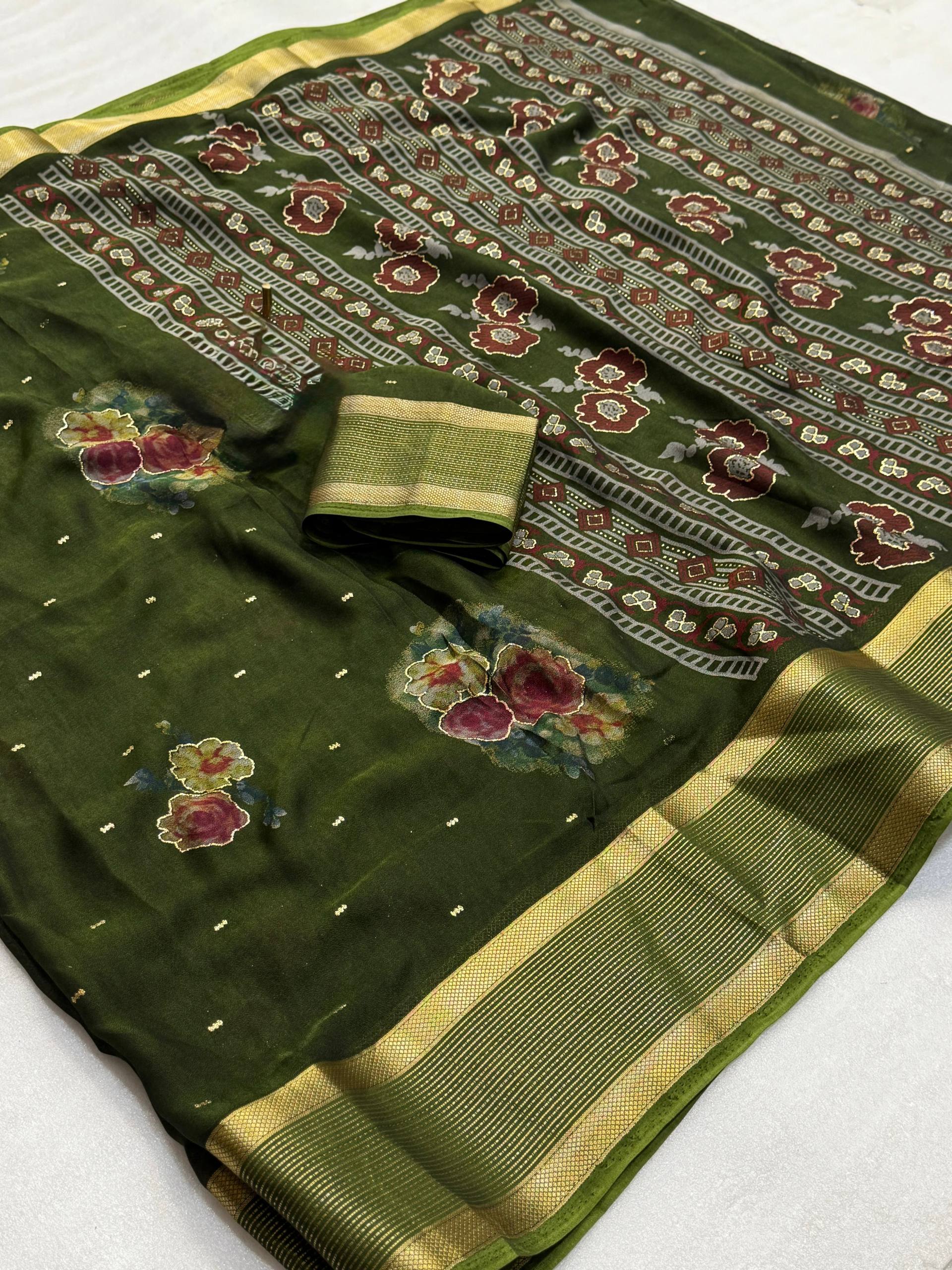 Pure Rangoli Silk Saree with Floral Prints, Glitter Butti & Golden Weaving Border with Blouse