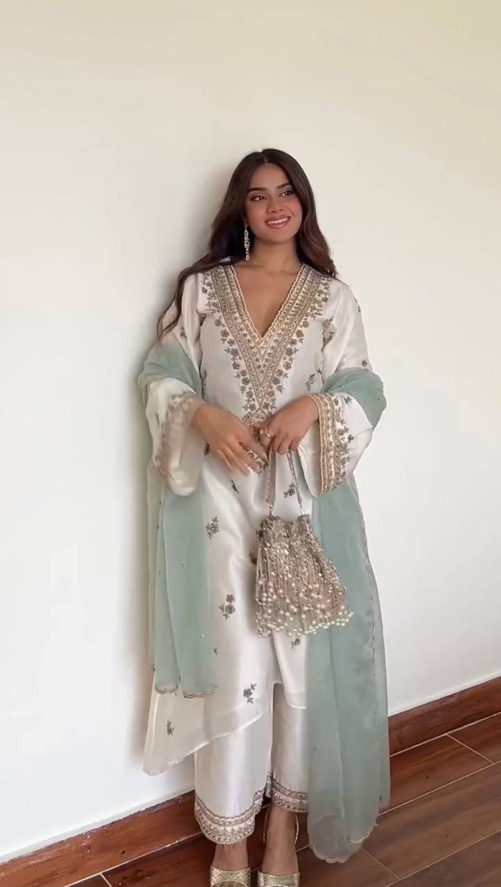 Designer Roman Silk 3 Piece Plazzo Set with Heavy Sequence Embroidery and Organza Dupatta