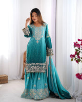 Premium Chinon Silk Embroidered Kurti Plazo Set with Dupatta | Coding Dori, Sequin & Moti Work | Party & Festive Wear