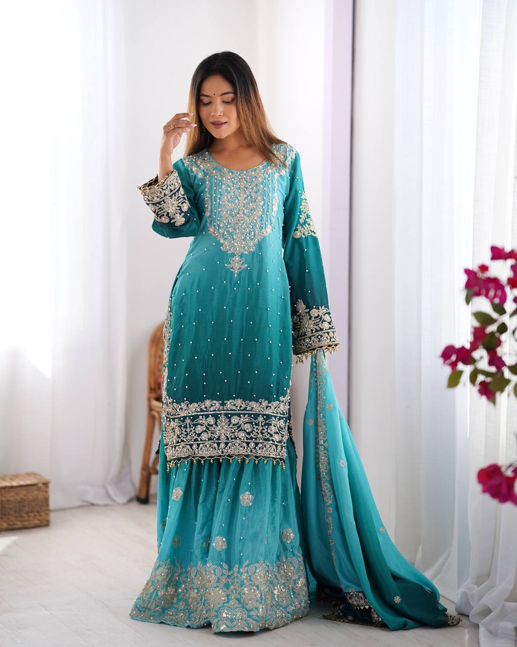 Premium Chinon Silk Embroidered Kurti Plazo Set with Dupatta | Coding Dori, Sequin & Moti Work | Party & Festive Wear