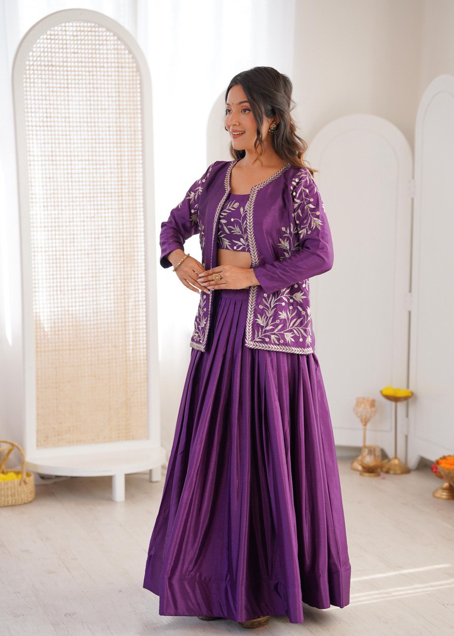 Heavy Chinon Silk Lehenga Choli with Embroidered Koti | 3.5 Meter Flair | Festive & Wedding Wear Set