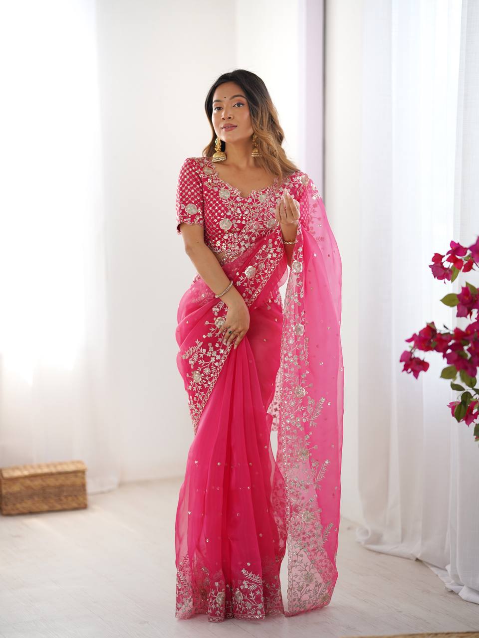 Heavy Organza Silk Saree with Thread and Sequin Embroidery, Designer Festive & Wedding Wear Saree with Embroidered Blouse