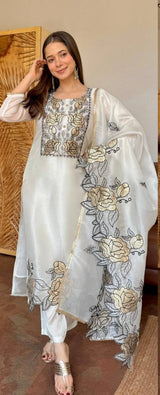 Premium JMC Silk Thread Work Kurti Pant Dupatta Set | Festive Wear