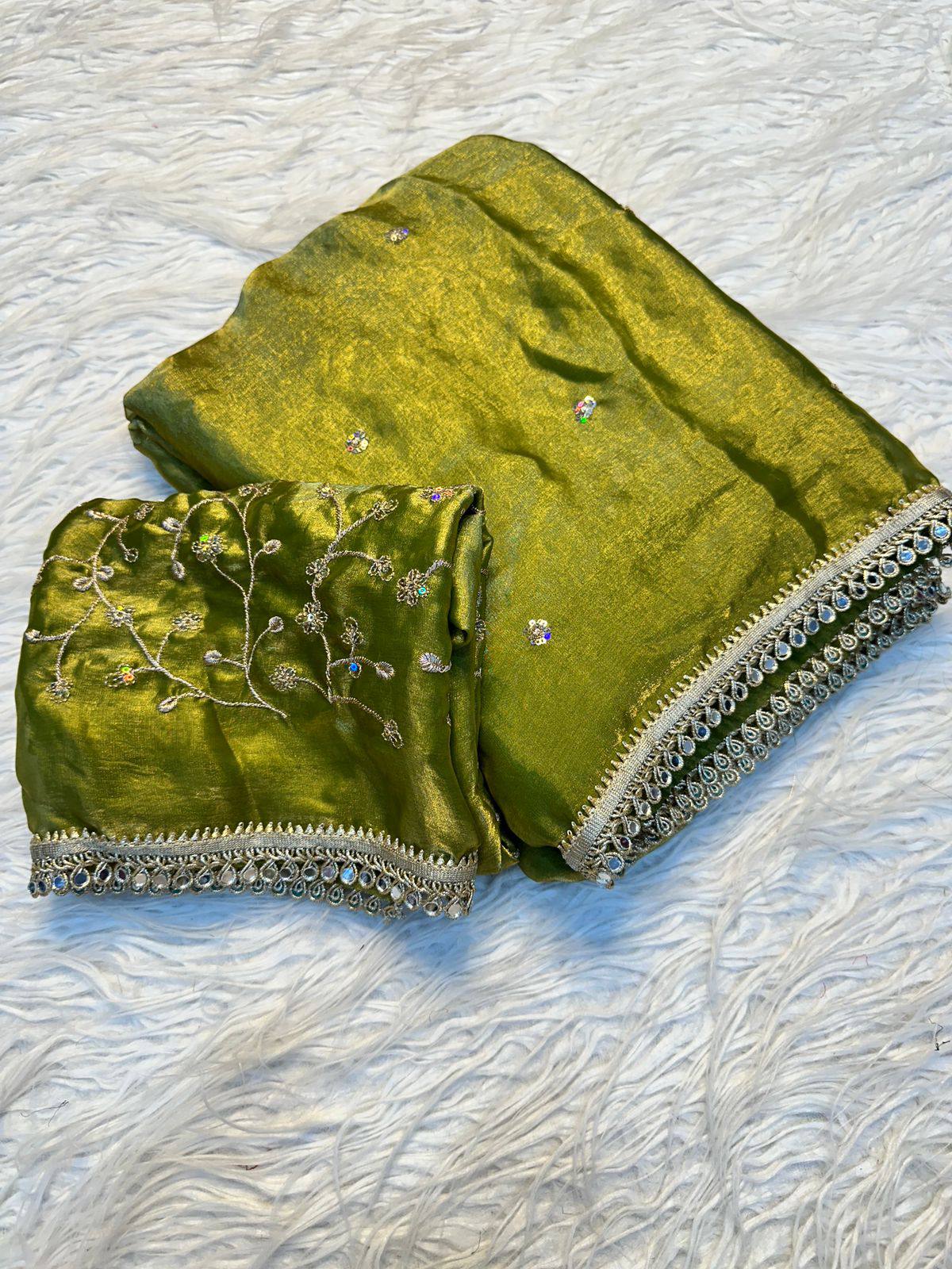 Fendy Satin Dual Shade Sequence Work Saree with Designer Lace Border & Running Blouse