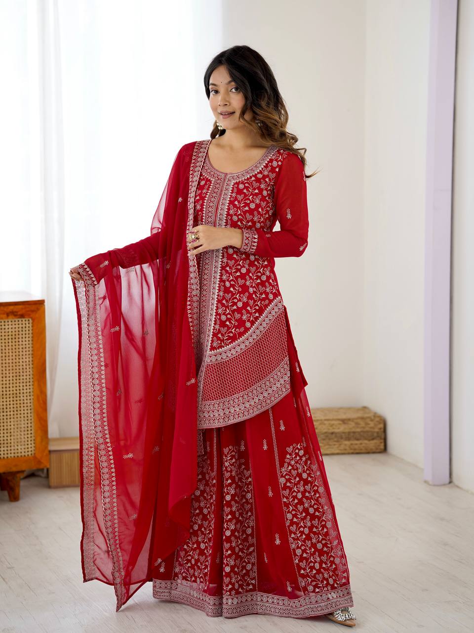 Designer Faux Georgette Embroidered Palazzo Suit Set with Sequins Work Dupatta | Ready to Wear Wedding & Festive Ethnic Wear for Women