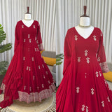 Designer Faux Georgette Anarkali Gown Set with Embroidered Dupatta & Pant