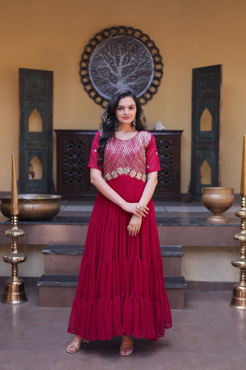 Party Wear Faux Blooming Long Gown with Heavy Embroidery Work