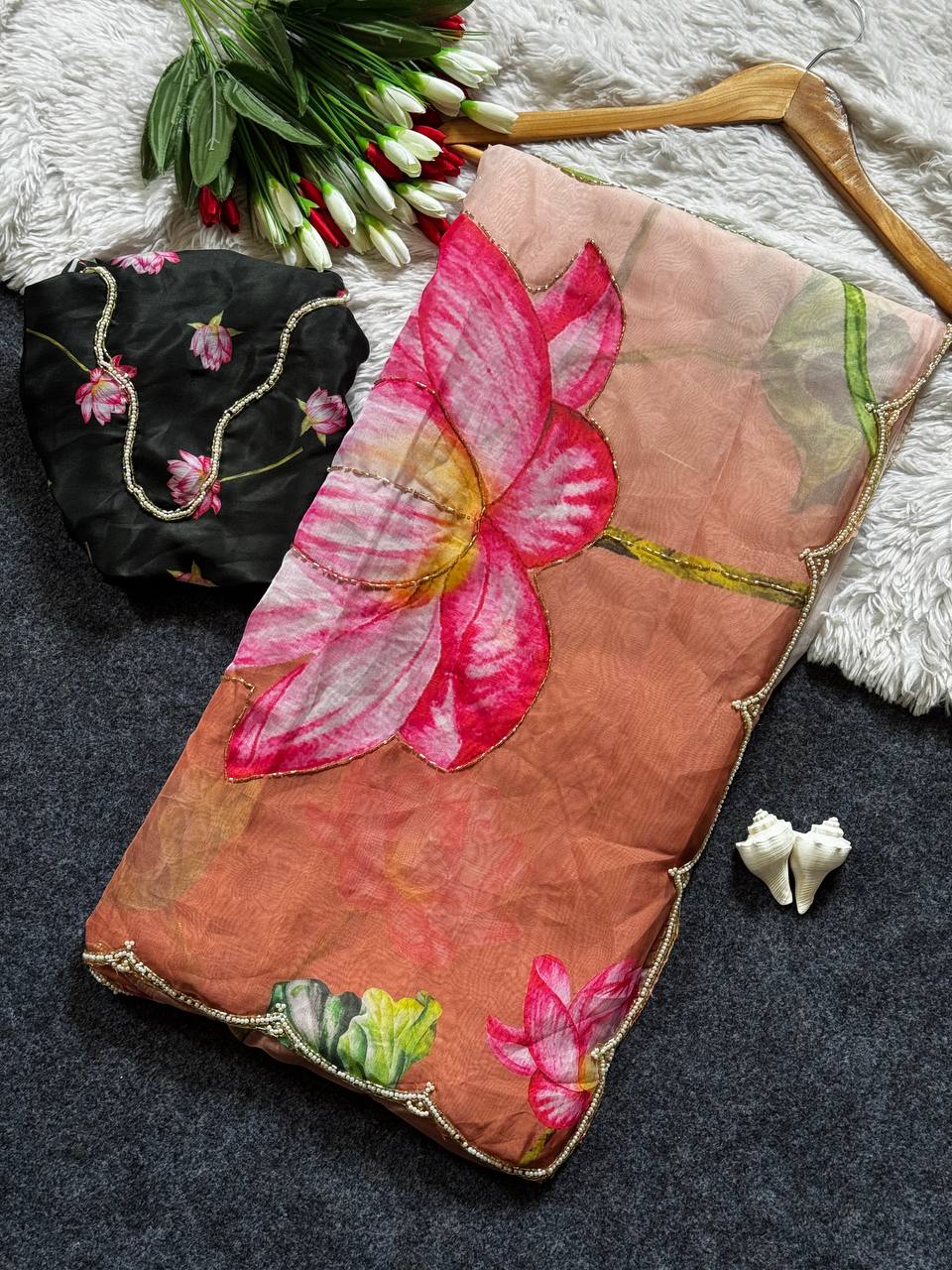 Celebrity Style Floral Print Tabby Organza Saree with Moti & Cut Dana Handwork