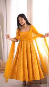 Premium Chanderi Jacquard Butti Anarkali Suit Set with Real Mirror Work, Pant & Net Dupatta