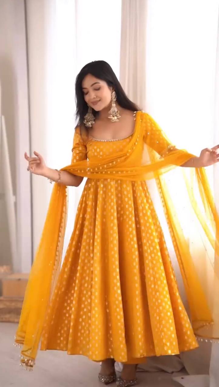 Premium Chanderi Jacquard Butti Anarkali Suit Set with Real Mirror Work, Pant & Net Dupatta