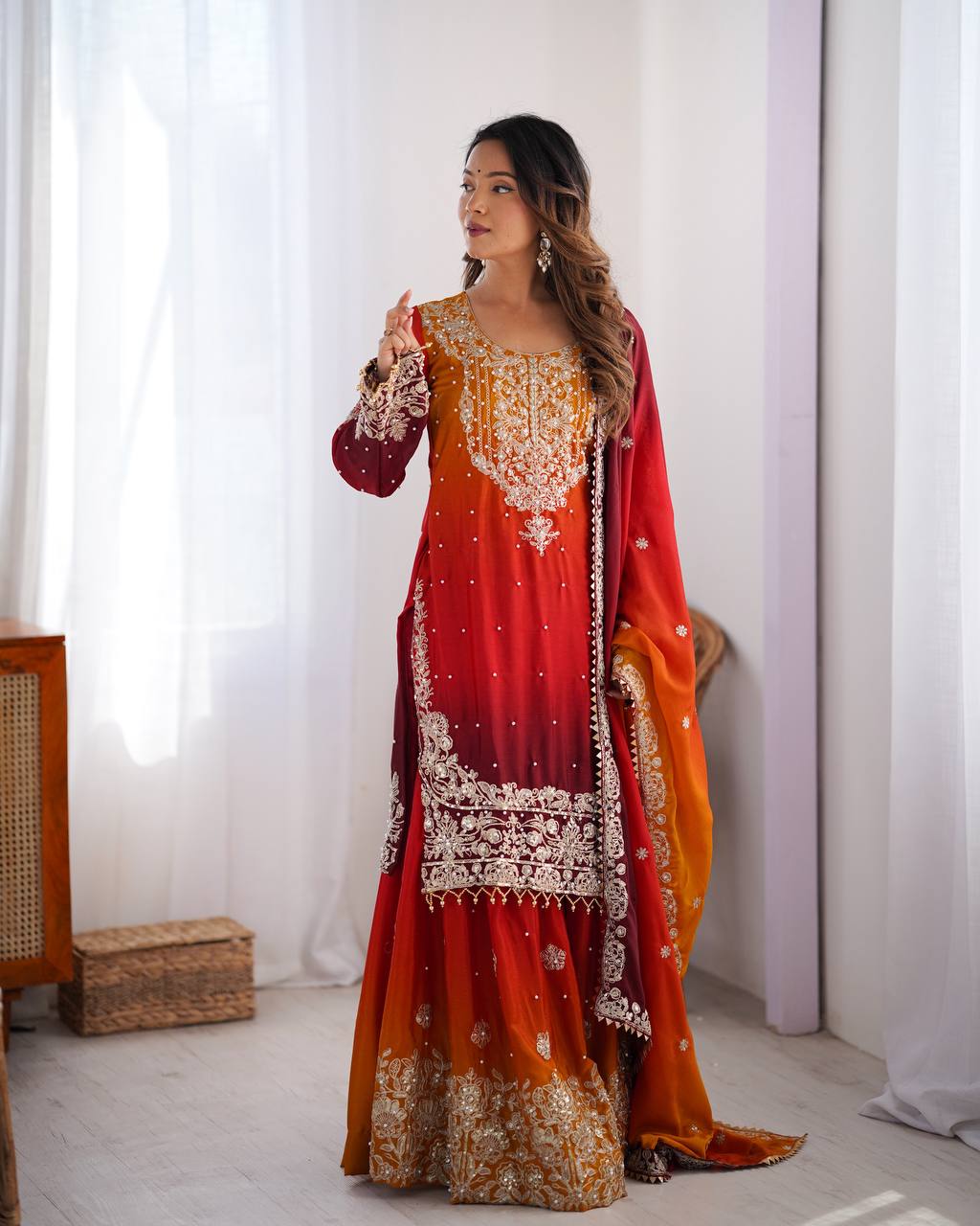 chinon-silk-embroidered-kurti-plazo-set-designer-festive-wear