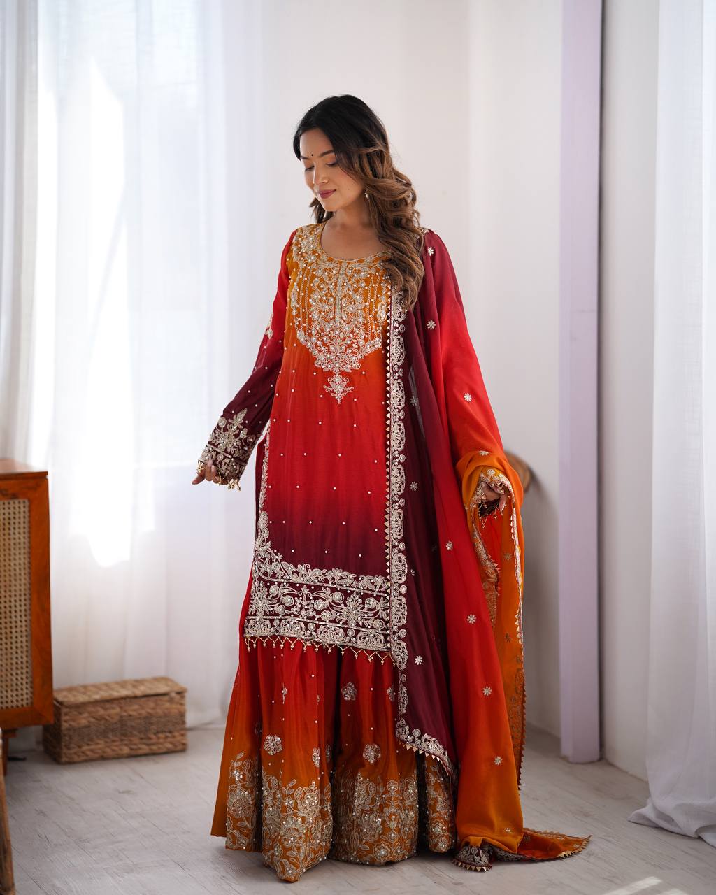 chinon-silk-embroidered-kurti-plazo-set-designer-festive-wear
