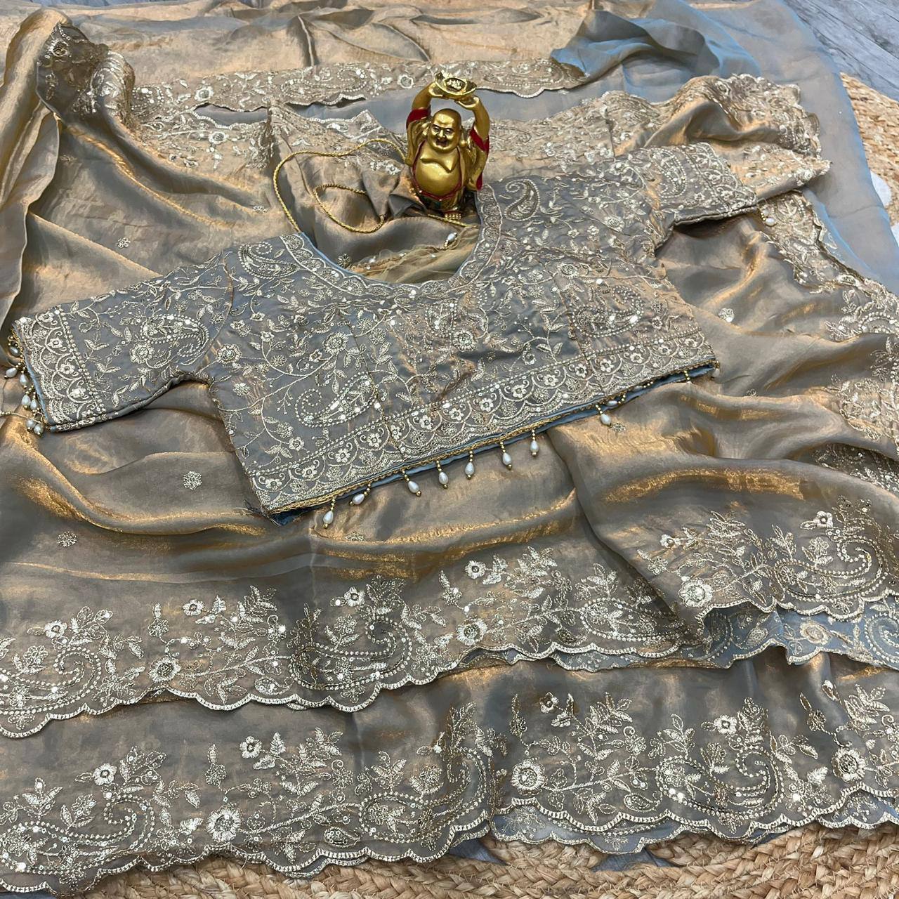 Premium Fendy Satin Designer Saree with Heavy Embroidery & 3mm Sequin Work – Luxury Ethnic Celebration Wear