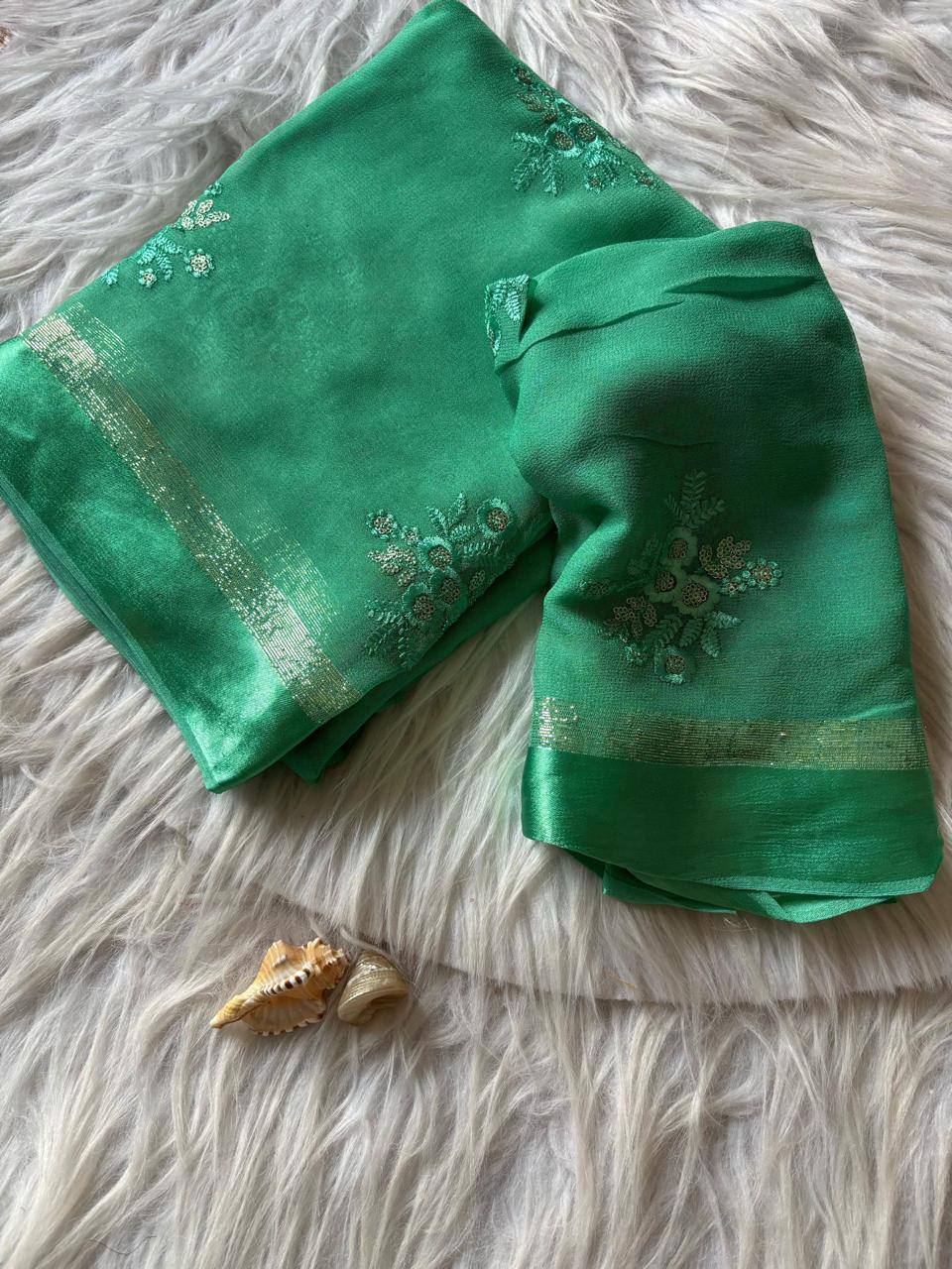 Pure Viscose Georgette Saree with Floral Embroidery Butta & Satin Border