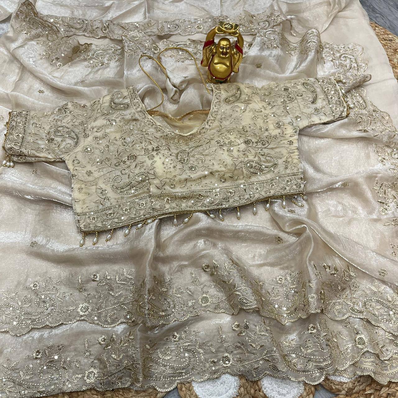 Premium Fendy Satin Designer Saree with Heavy Embroidery & 3mm Sequin Work – Luxury Ethnic Celebration Wear