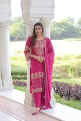Embroidered Faux Blooming Kurti Set with Pant and Sequined Dupatta