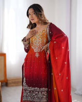 Premium Chinon Silk Embroidered Kurti Plazo Set with Dupatta | Coding Dori, Sequin & Moti Work | Party & Festive Wear