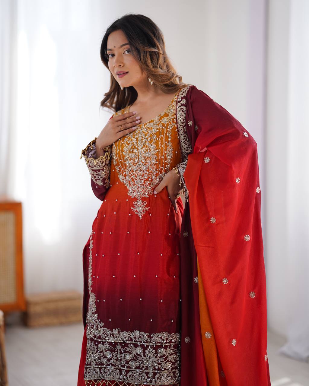 Premium Chinon Silk Embroidered Kurti Plazo Set with Dupatta | Coding Dori, Sequin & Moti Work | Party & Festive Wear