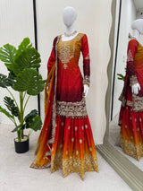 Premium Chinon Silk Embroidered Kurti Plazo Set with Dupatta | Coding Dori, Sequin & Moti Work | Party & Festive Wear
