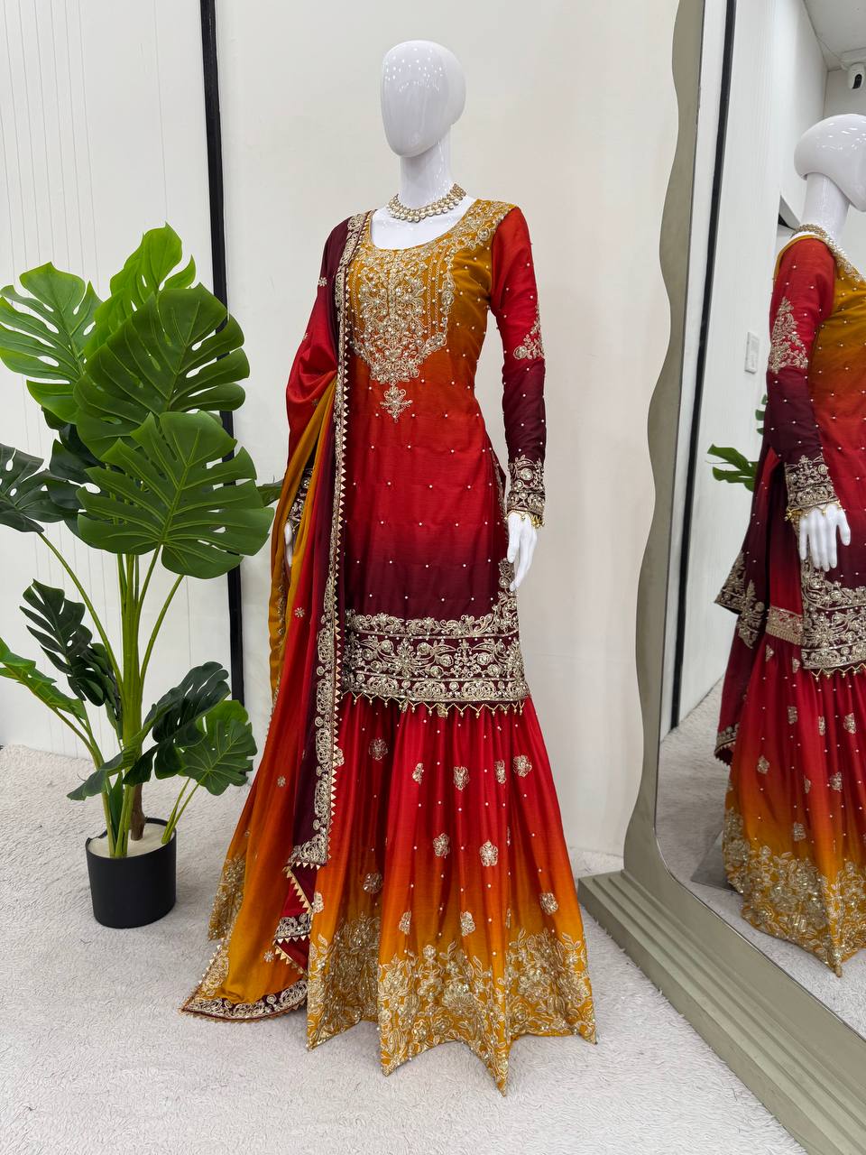 Premium Chinon Silk Embroidered Kurti Plazo Set with Dupatta | Coding Dori, Sequin & Moti Work | Party & Festive Wear