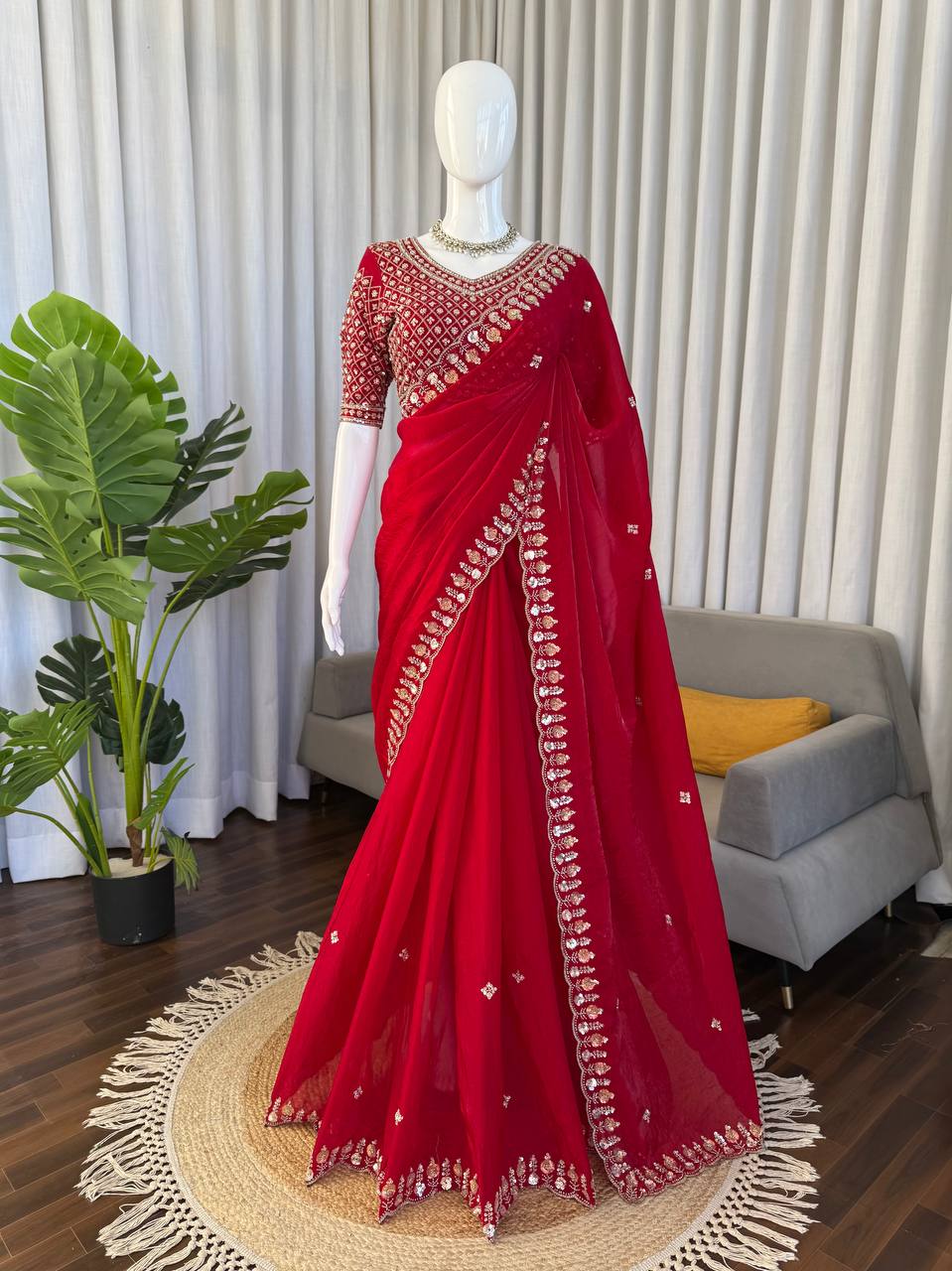 Designer Fendy Silk Festive Saree - Heavy Hand-Finished Beadwork & Sequin Embroidery with Unstitched Blouse