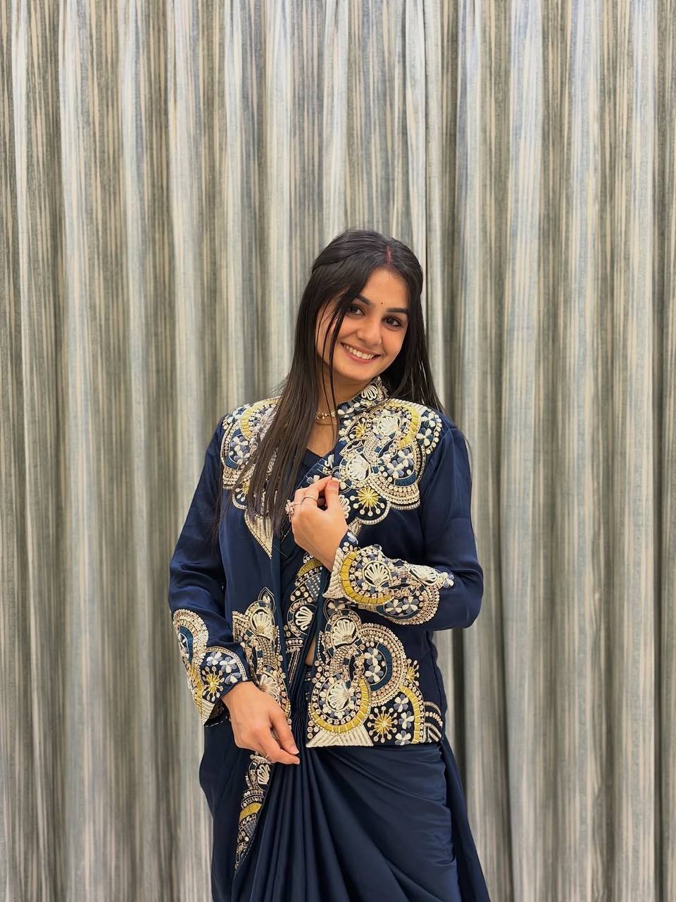 Ready-to-Wear Lehenga Saree Set with Embroidered Koti Jacket and Blouse