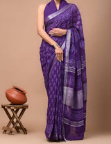 Premium Linen Saree with Digital Printed Pallu and Silver Zari Weaving Border