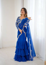Embroidered Faux Georgette Ruffle Saree with Sequin Work Blouse