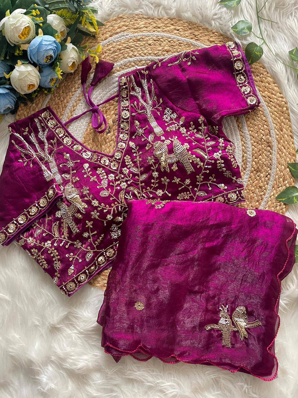 Handcrafted Khatli Work Satin Saree with Designer Stitched Blouse and Scalloped Border