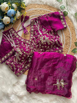 Handcrafted Khatli Work Satin Saree with Designer Stitched Blouse and Scalloped Border