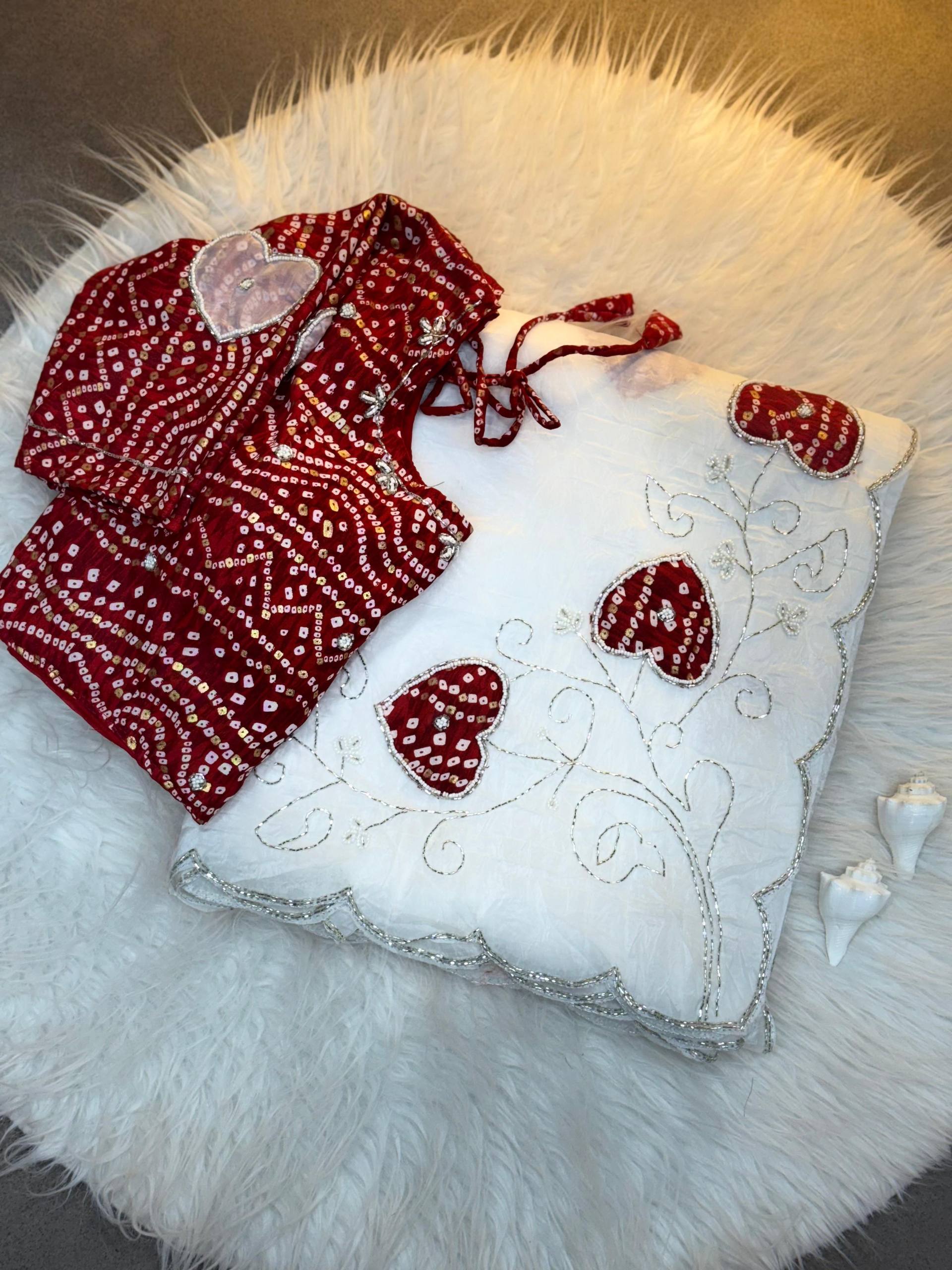 Two-Tone Gold Crush Silk Saree with Bandhej Handwork Cutdana Butta and Foil Print Stitched Blouse