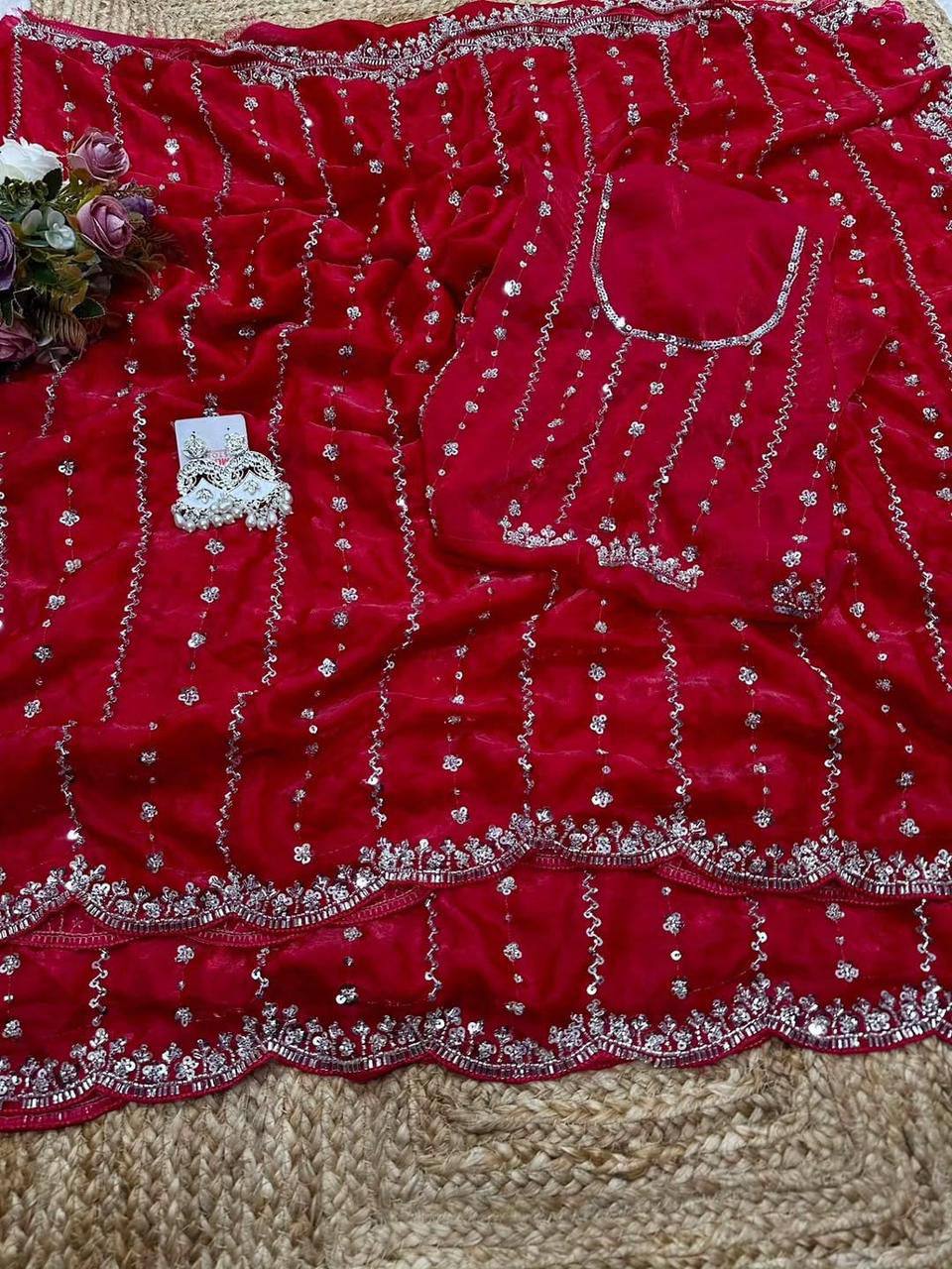 Pure Space Silk Party Wear Saree with Gold Beads, Sequins & Cutdana Handwork and Designer Work Blouse