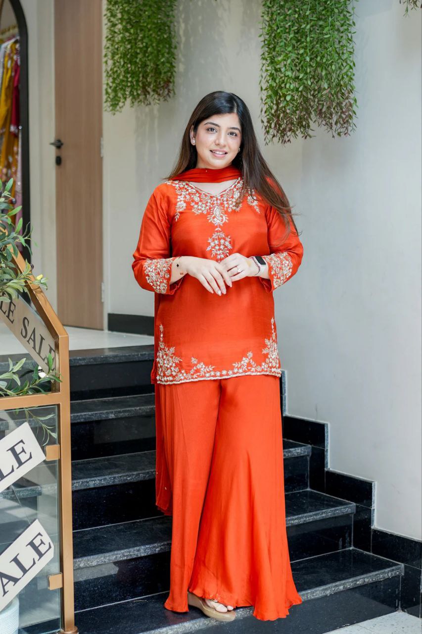Handwork Mul Chanderi Kurta Sharara Set with Chiffon Dupatta
