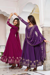 Faux Georgette Embroidered Gown Set with Sequence Work & Matching Pant