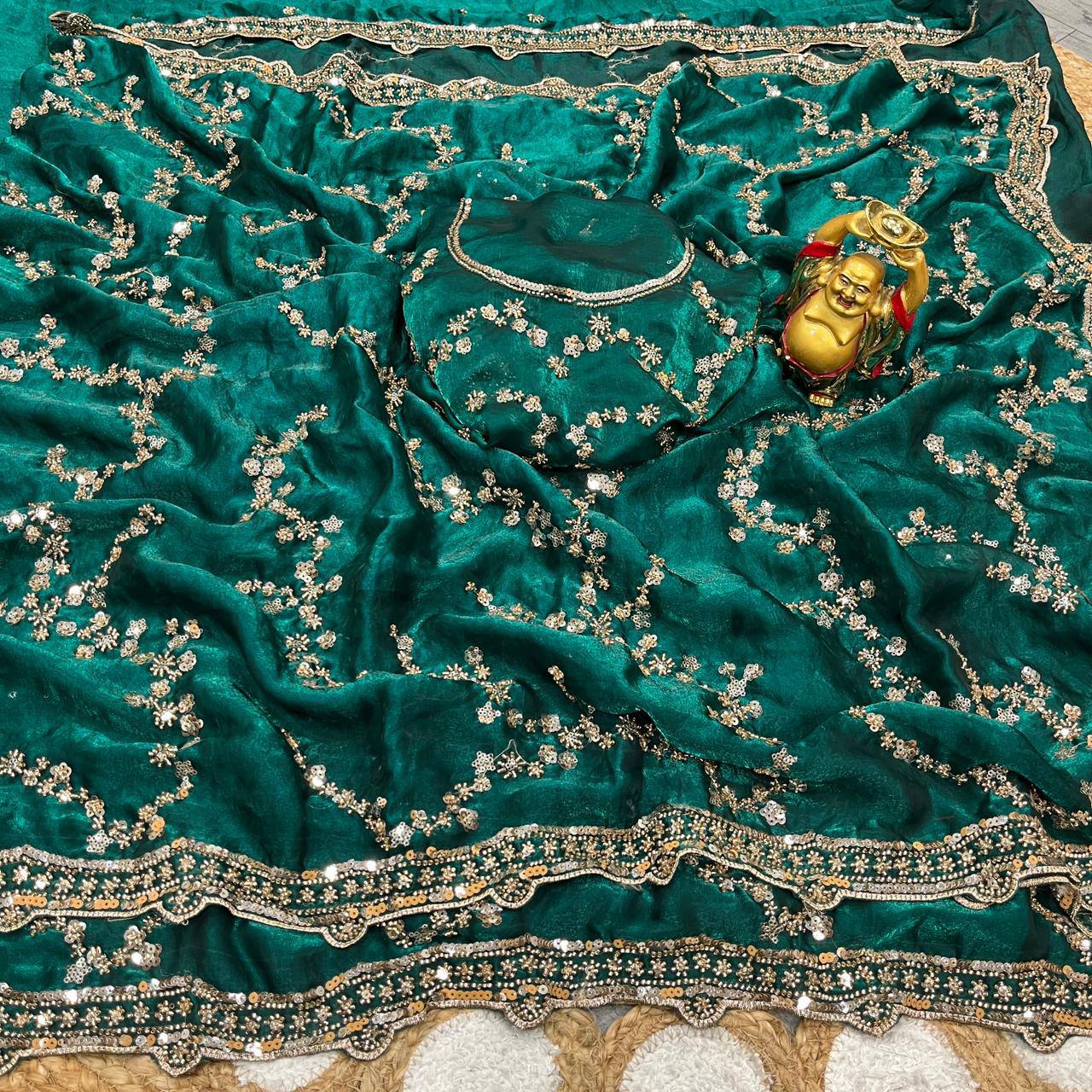 Designer Space Silk Party Wear Saree with Velvet Shine & Gold Cutdana Handwork