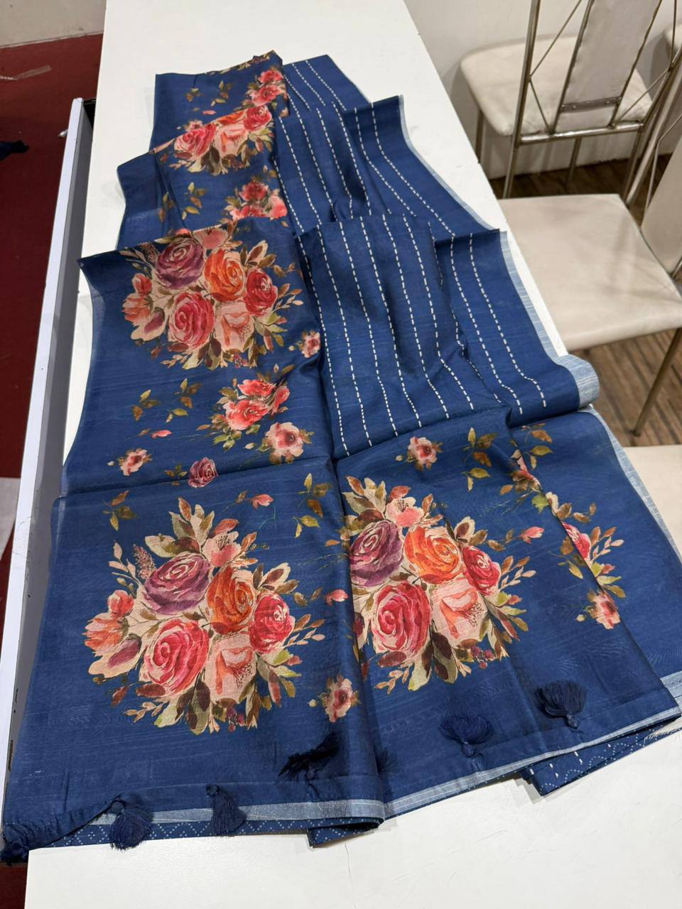 Digital Floral Print Semi Desi Tussar Silk Saree with Tassel Detail and Matching Blouse