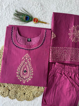 Pure Cotton A-Line Kurti Pant Set with Real Mirror Hand Work & Mul Cotton Dupatta