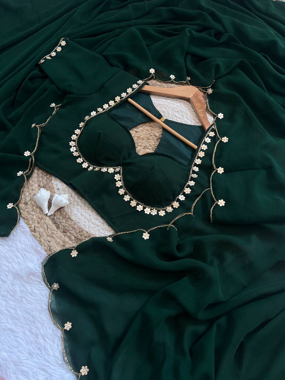 Sabyasachi Inspired Designer Faux Georgette Saree with Handwork Khatli Stitch Blouse