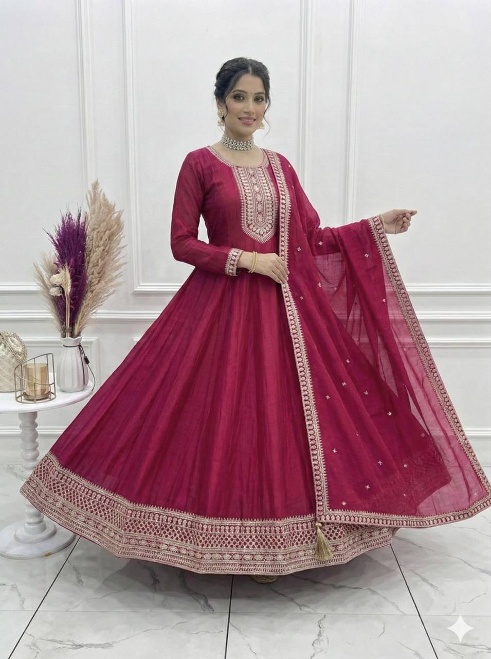 Pure Vichitra Silk Full Flare Anarkali Gown with Sequins Embroidery work, Churidar Sleeves and Dupatta