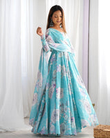 Heavy Fox Georgette Floral Anarkali Gown with Shawl Style Lace Dupatta