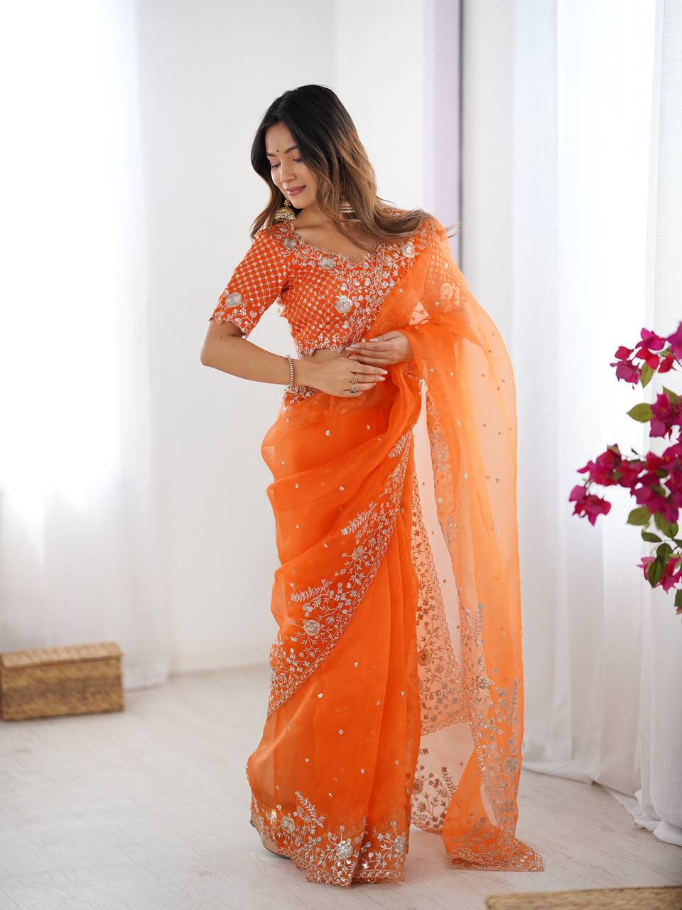Designer Embroidered Organza Saree - Luxury Wedding Wear with Sequin Work