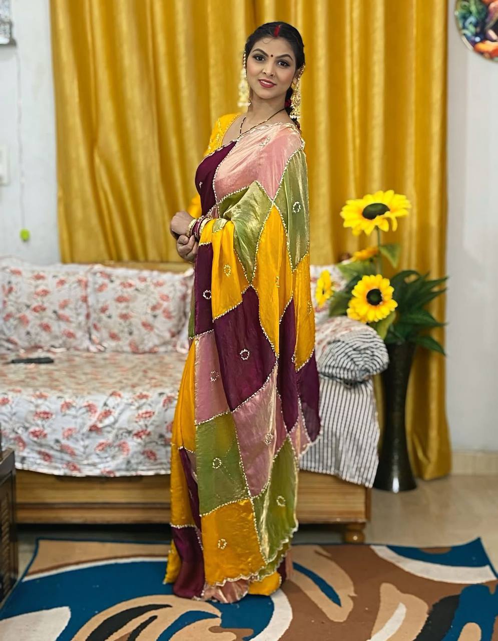 Viral Instagram Trending Soft Shine Space Silk Saree with Silver Cut Dana Handwork