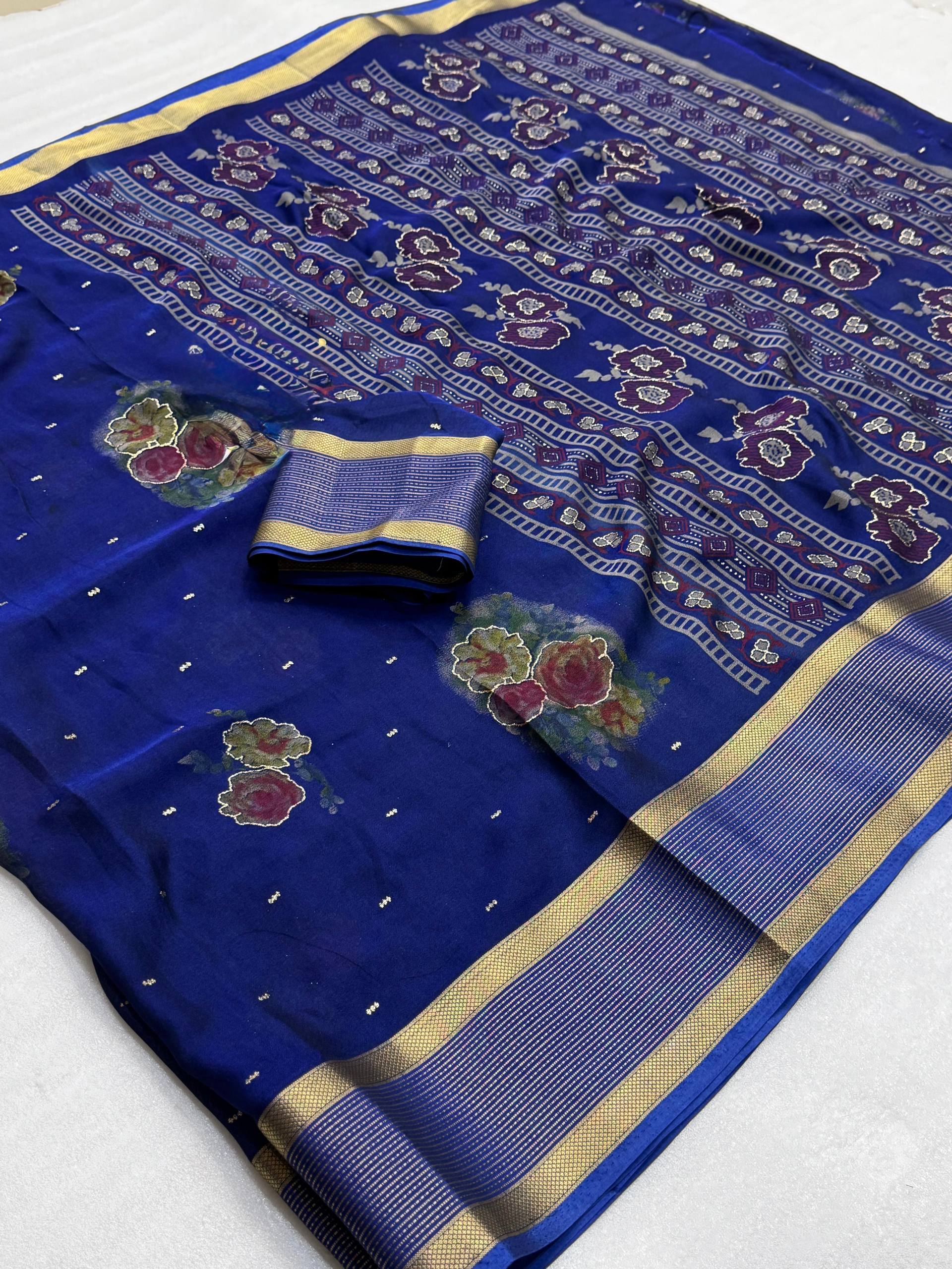 Pure Rangoli silk saree with floral prints, glitter butti work and golden weaving border with blouse fabric