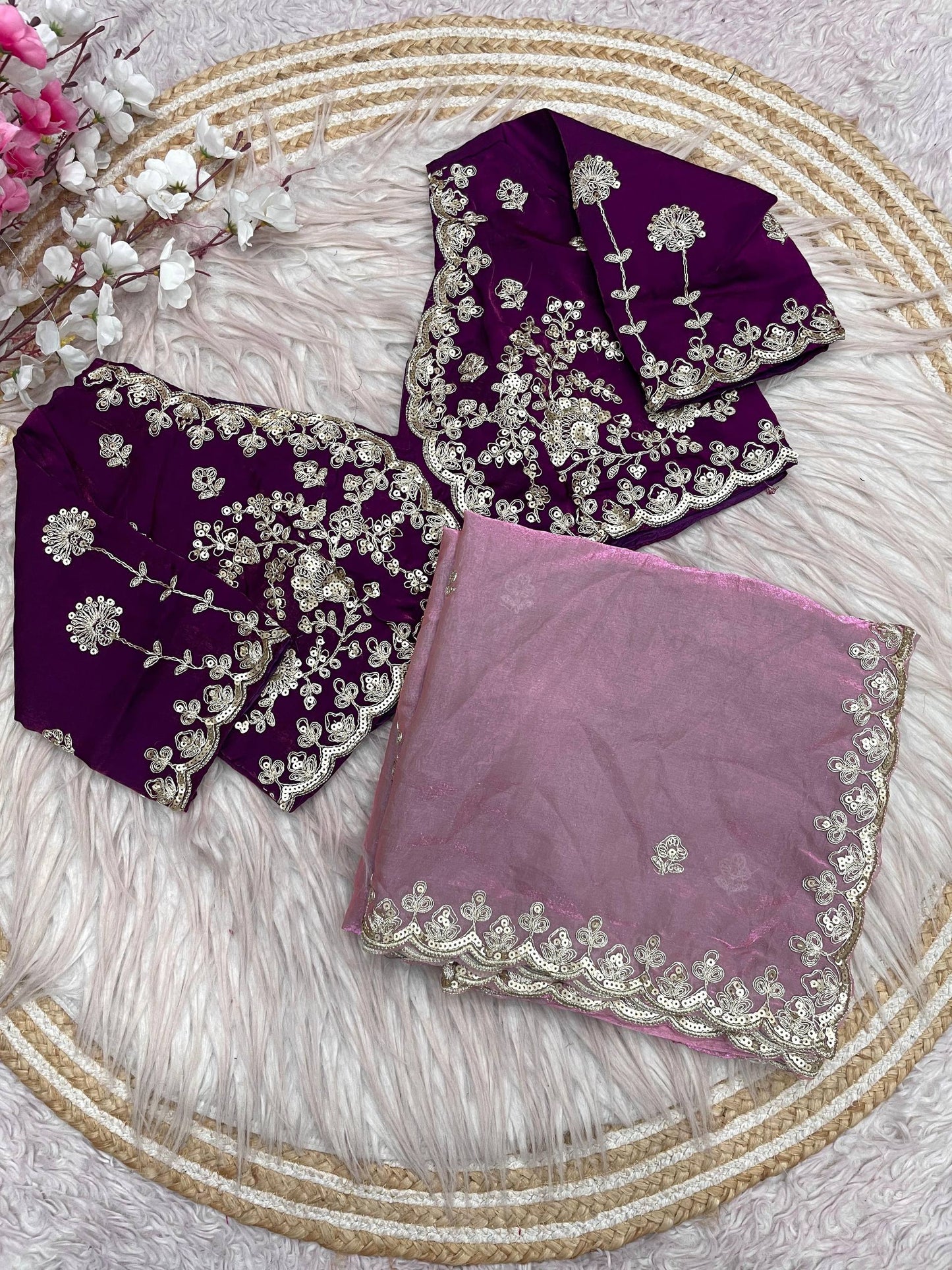 Premium Fendy Satin Silk Designer Saree with 5mm Sequins & Coding Embroidery Work | Fully Stitched Blouse