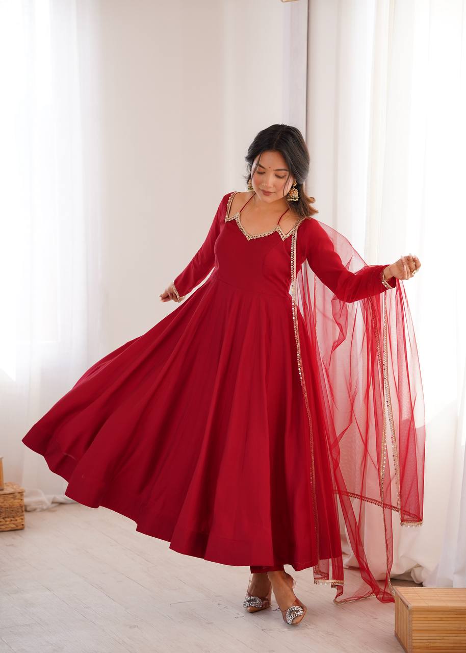 Premium Pure Roman Silk Chanderi Anarkali Gown Set with 4 Meter Flare, Lace Work & Net Dupatta