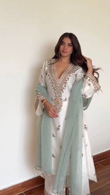 “Eid special roman silk 3 piece plazzo suit set with sequence embroidery work and organza dupatta”