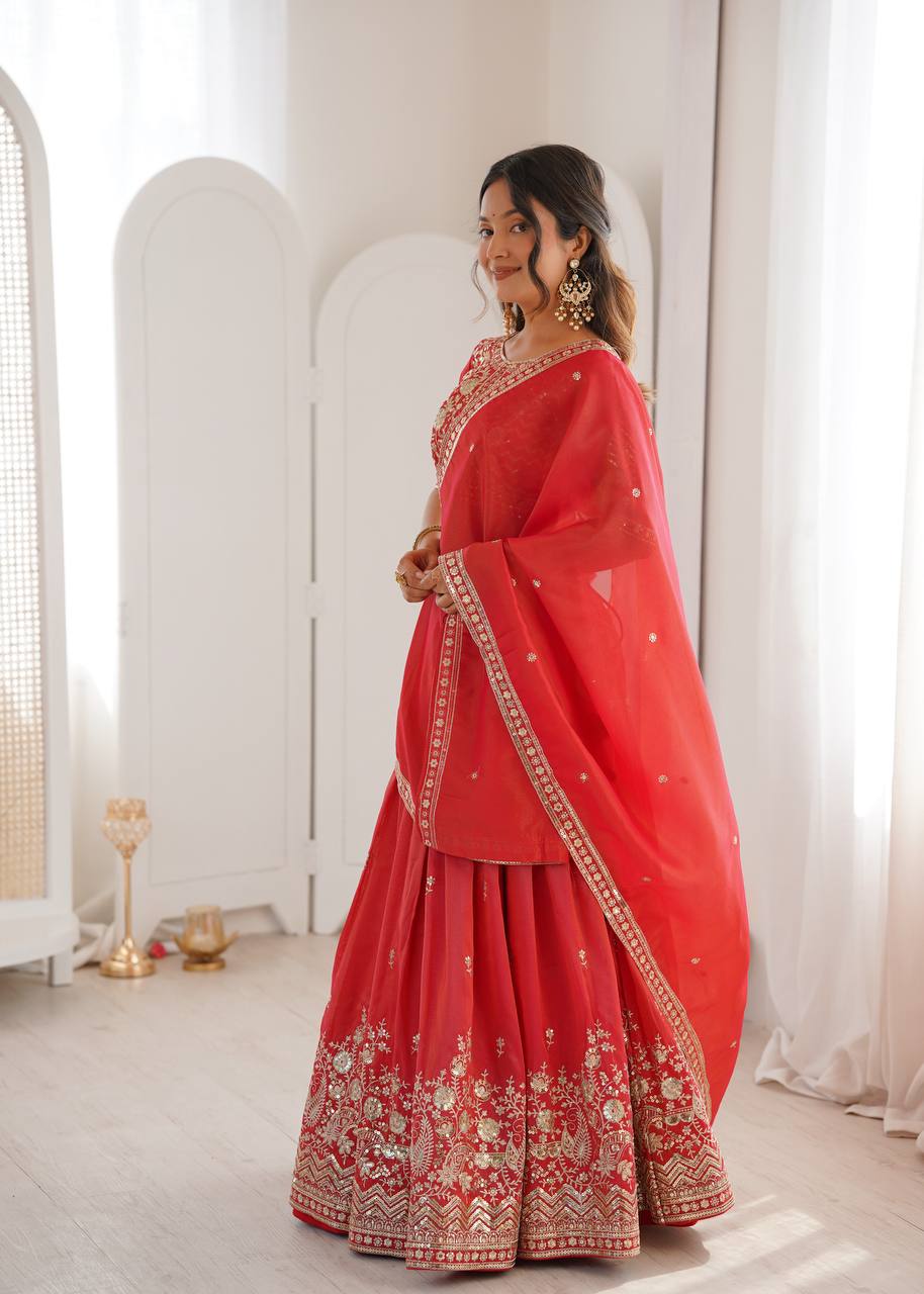 Heavy Simmer Silk Lehenga Choli Set with Thread & Sequin Work | 3 Meter Grand Flair | Fully Stitched Bridal Wear